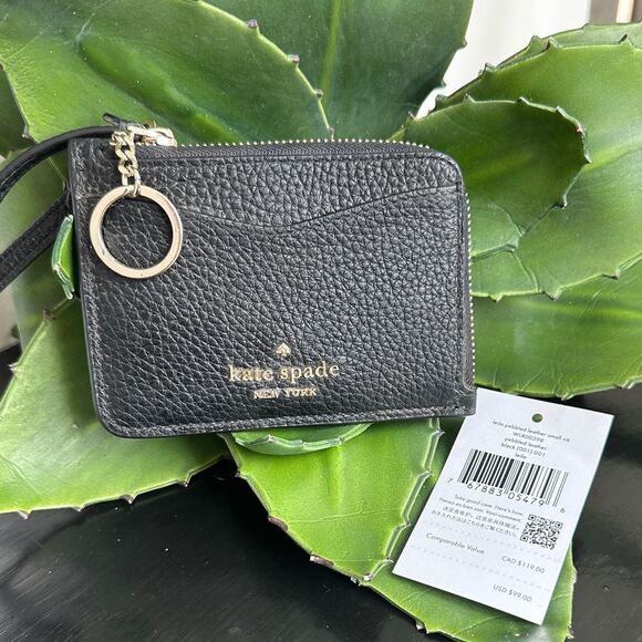 Kate Spade Pebbled Leather Card Case Coin Pouch Wristlet Key Ring Black NWT - Picture 1 of 5